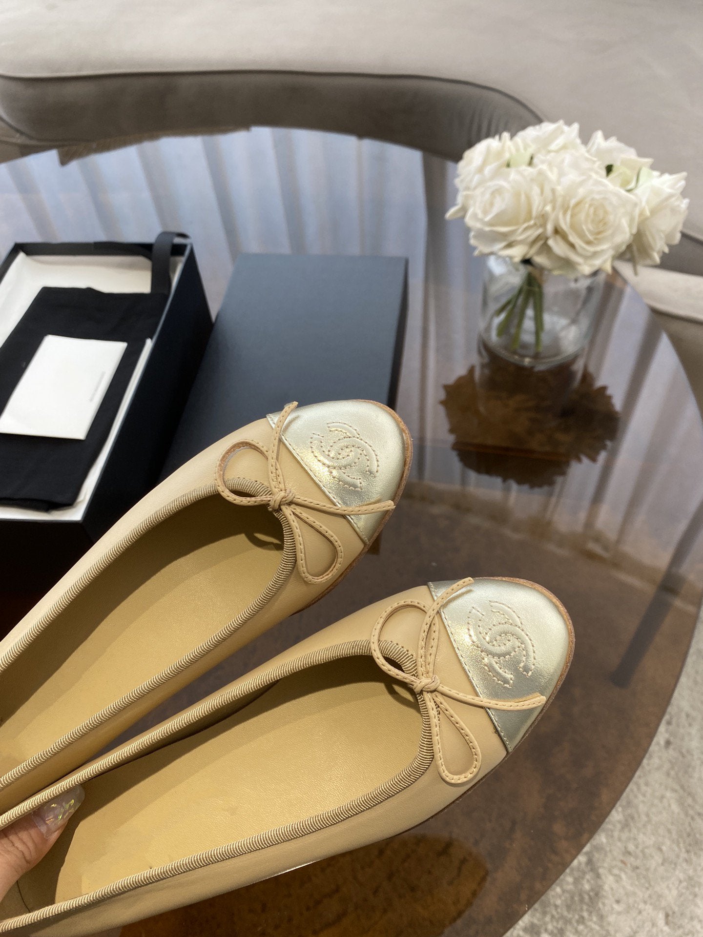 BALLET FLATS BEIGE SILVER LAMBSKIN CANVAS