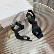 BALMAIN 25S HIGH HEEL SANDALS 95MM IN BLACK GLOSSY CALFSKIN