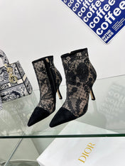 DIOR 25S POINTED-TOE ANKLE BOOTS 95 MM IN BLACK MESH TULLE AND SUEDE