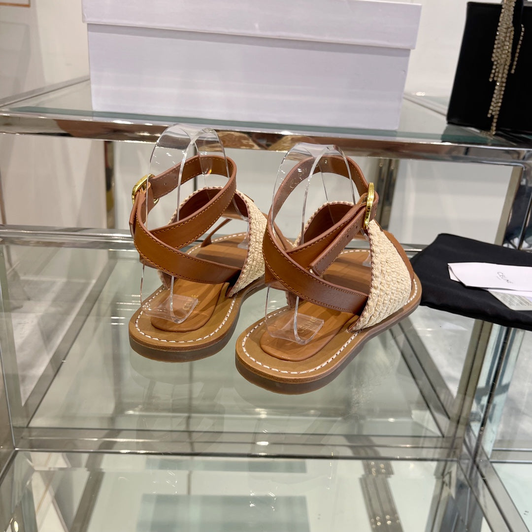 LYMPIAR FLAT STRAP SANDAL IN RAFFIA CALFSKIN WHITE CARAMEL BROWN
