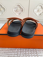 HM 26S CHYPRE SANDALS IN CARAMEL BROWN SUEDE WITH EMBROIDERED PATTERN STRAP