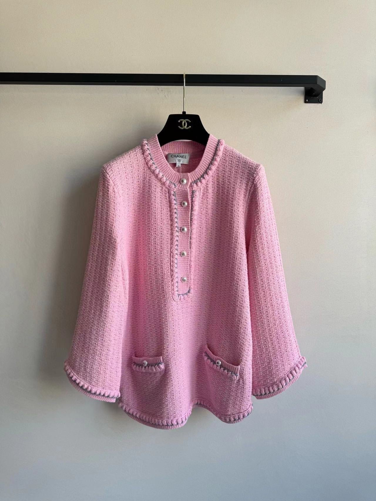 Chanel 25P Long-Sleeve Top Pink Tweed Pearl Buttons