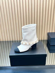 CHANEL 25S LOW BOOTS 65MM IN WHITE CALFSKIN GOLD HARDWRE