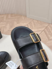 PRADA 26S DOUBLE STRAP PLATFORM SLIDES SANDALS IN BLACK CALFSKIN