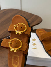 DIOR 26S MEDAILLON BUCKLE SLIDE IN CARAMEL BROWN SUEDE GOLD HARDWARE