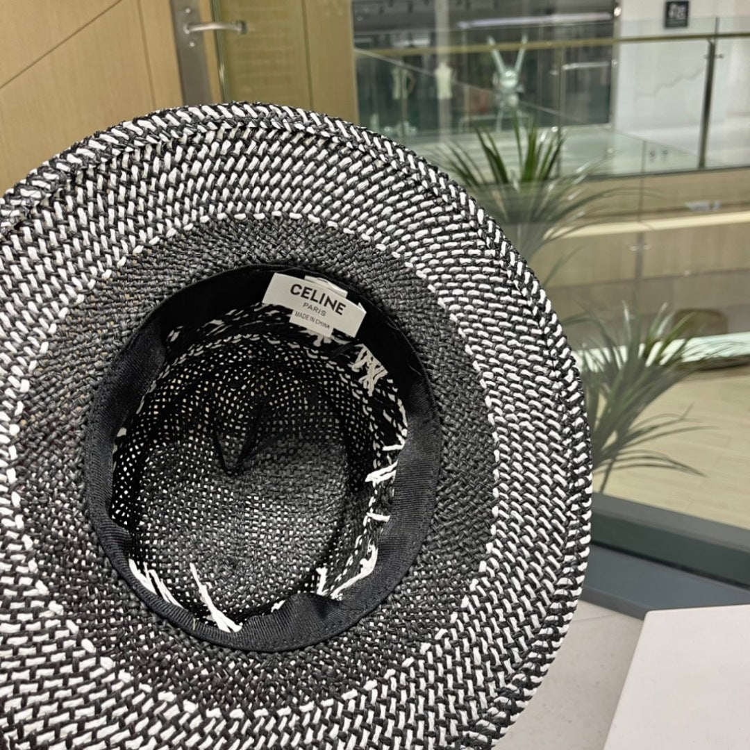 WIDE BRIM HAT MODEL 652048 IN BLACK AND WHITE WOVEN STRAW