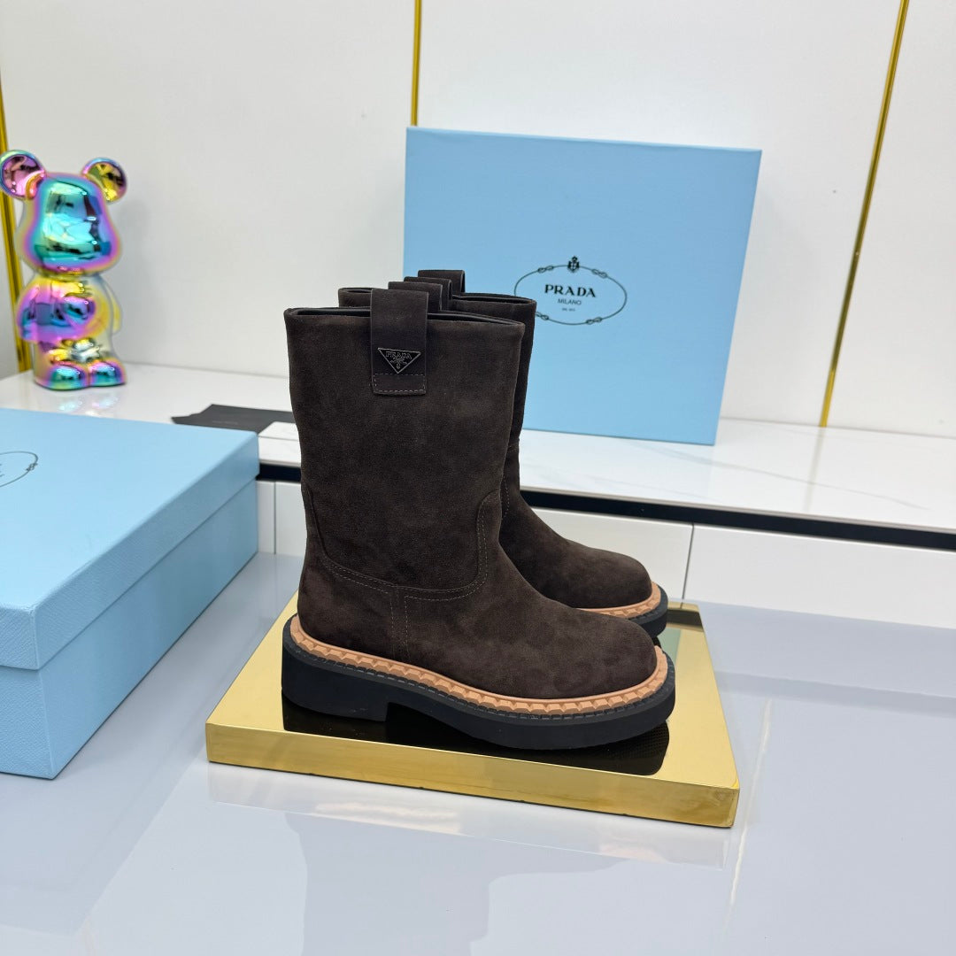 PRADA 25S HIGH MARTIN BOOTS 50MM IN DARK BROWN SUEDE