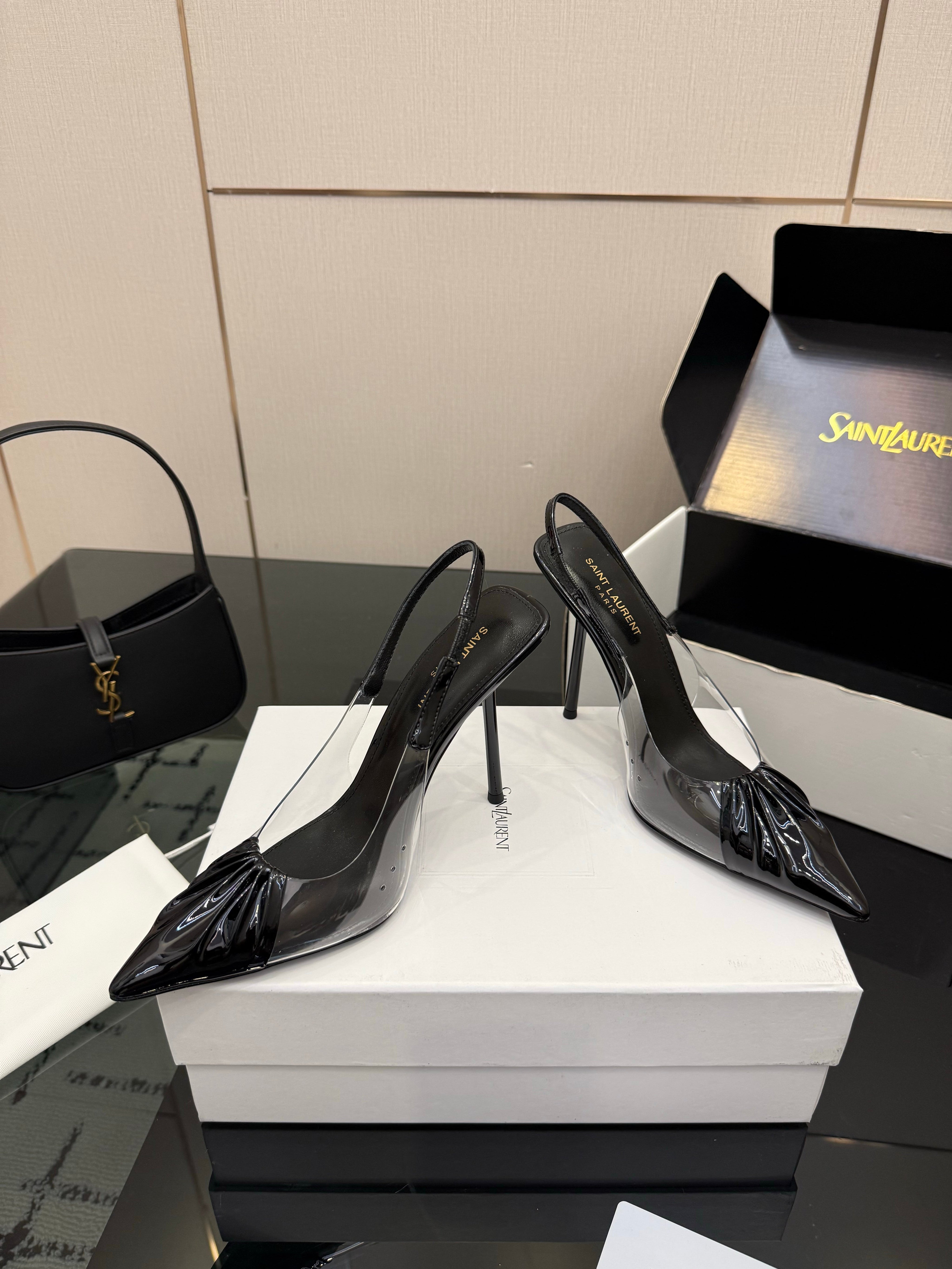 YSL 26S PLEATED SLINGBACK HEELS 105 MM IN BLACK GLOSSY CALFSKIN AND PVC