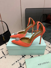 AQUAZZURA 26S POINTED-TOE PUMPS 105 MM IN LIGHT ORANGE SATIN