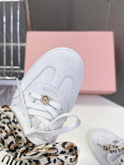 MIUMIU 25S SNEAKERS IN WHITE SUEDE WITH LEOPARD-PRINT LACES