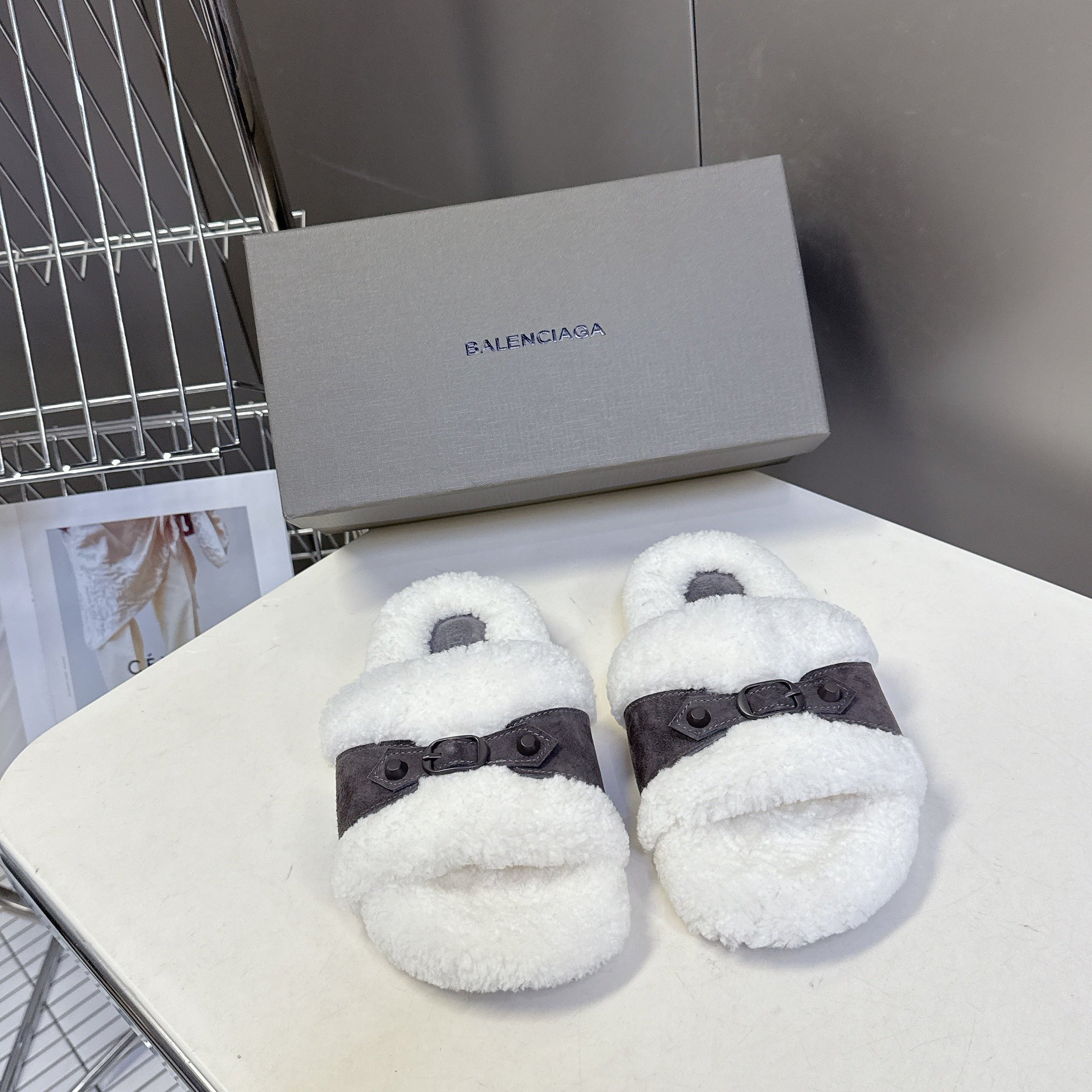 BALENCIAGA 25S SLIPPERS IN MUTED PURPLE GRAY SUEDE AND WHITE WOOL