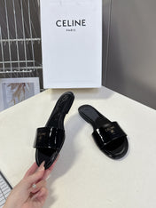 CELINE 26S FLAT SLIDES IN BLACK PATENT LAMBSKIN
