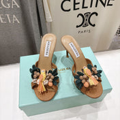 AQUAZZURA 26S FLORAL APPLIQUE SANDALS 80 MM IN BROWN WOVEN FABRIC