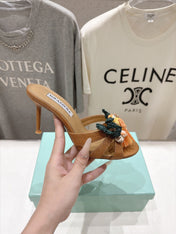 AQUAZZURA 26S FLORAL APPLIQUE SANDALS 80 MM IN BROWN WOVEN FABRIC