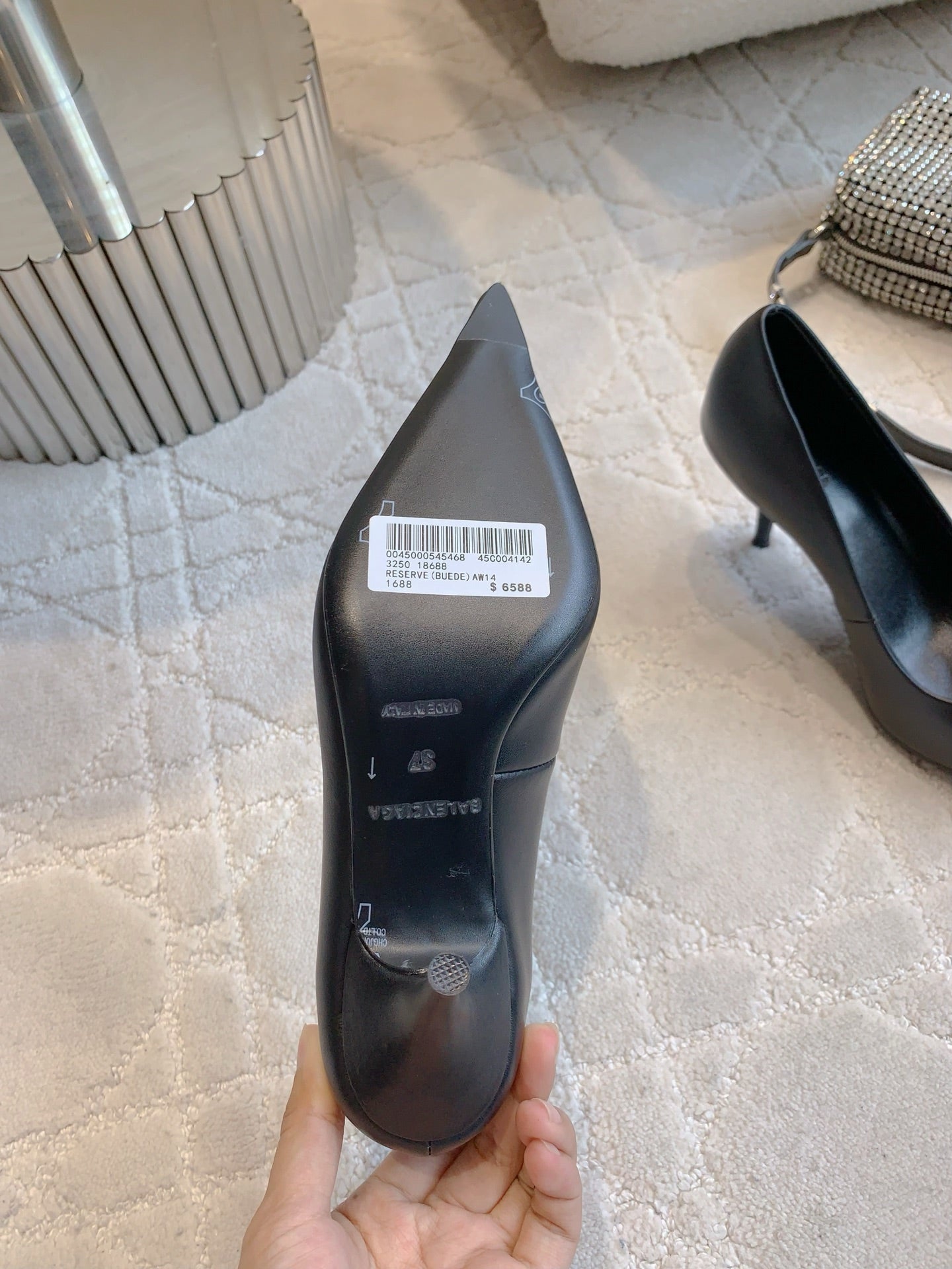 BALENCIAGA 25S POINTED-TOE HIGH HEELS 70 MM IN BLACK CALFSKIN WITH GOLD HARDWARE