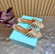 AQUAZZURA 26S SLIDES IN LIGHT GOLD EMBOSSED LEATHER 
