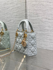 DIOR 25S MINI LADY DIOR BAG 17 IN LIGHT BLUE CALFSKIN CHARM CRYSTAL EMBELLISHMENTS