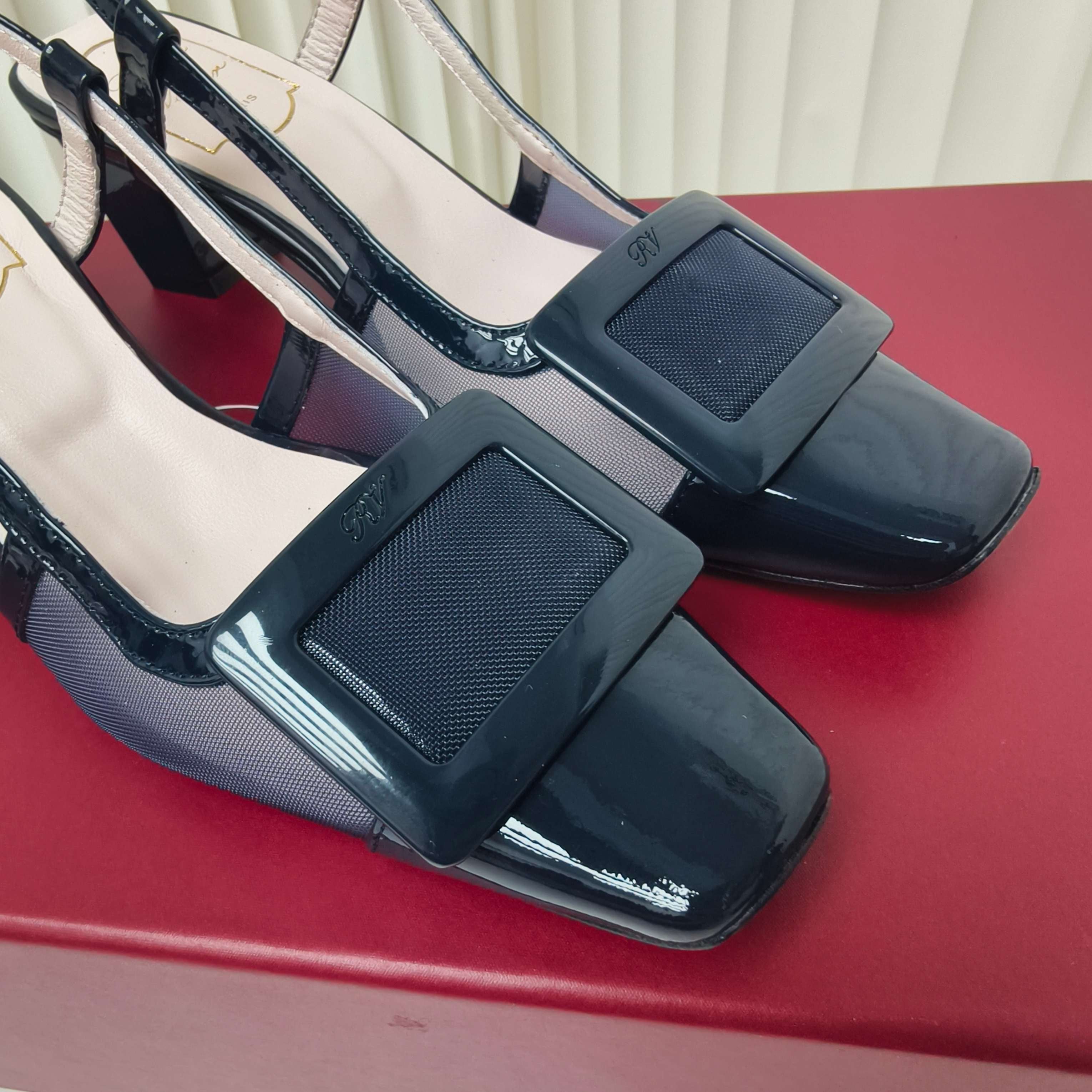ROGER VIVIER 25S BELLE VIVIER SLINGBACK PUMPS 45MM IN NAVY BLUE MESH FABRIC