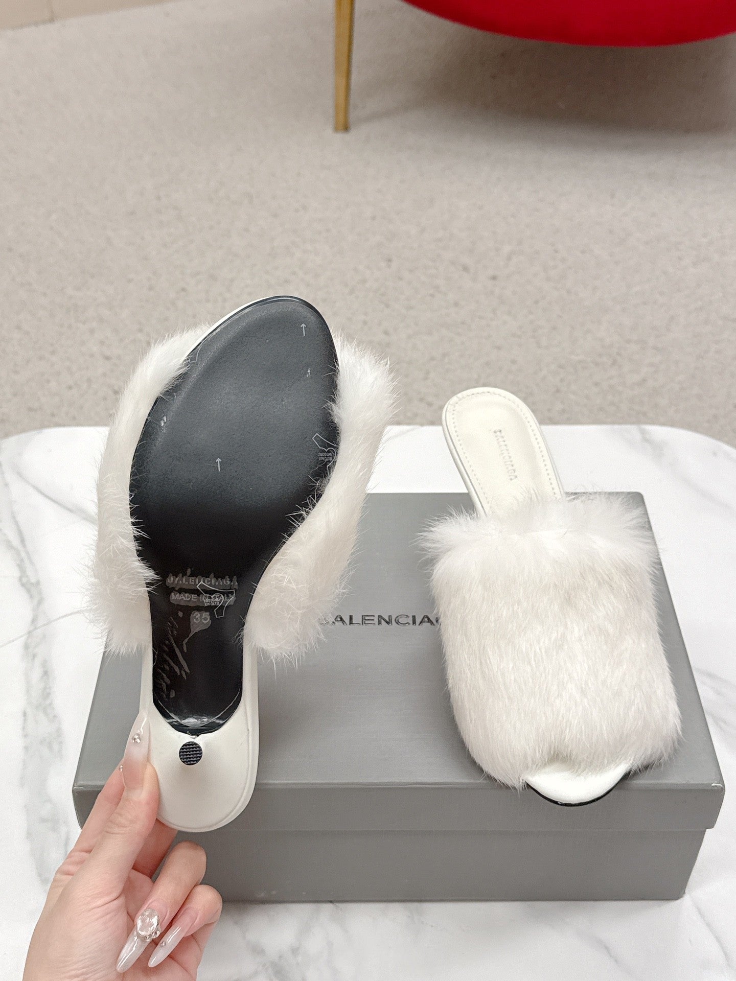 BALENCIAGA 25S HIGH HEEL SANDALS 65 MM IN WHITE LAMBSKIN AND FUR