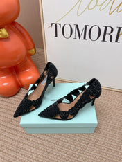 AQUAZZURA 26S POINTED-TOE HEELS 85 MM IN BLACK RHINESTONE EMBELLISHED