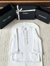Chanel 25P Long-Sleeve Top White Tweed Pearl Buttons 237299