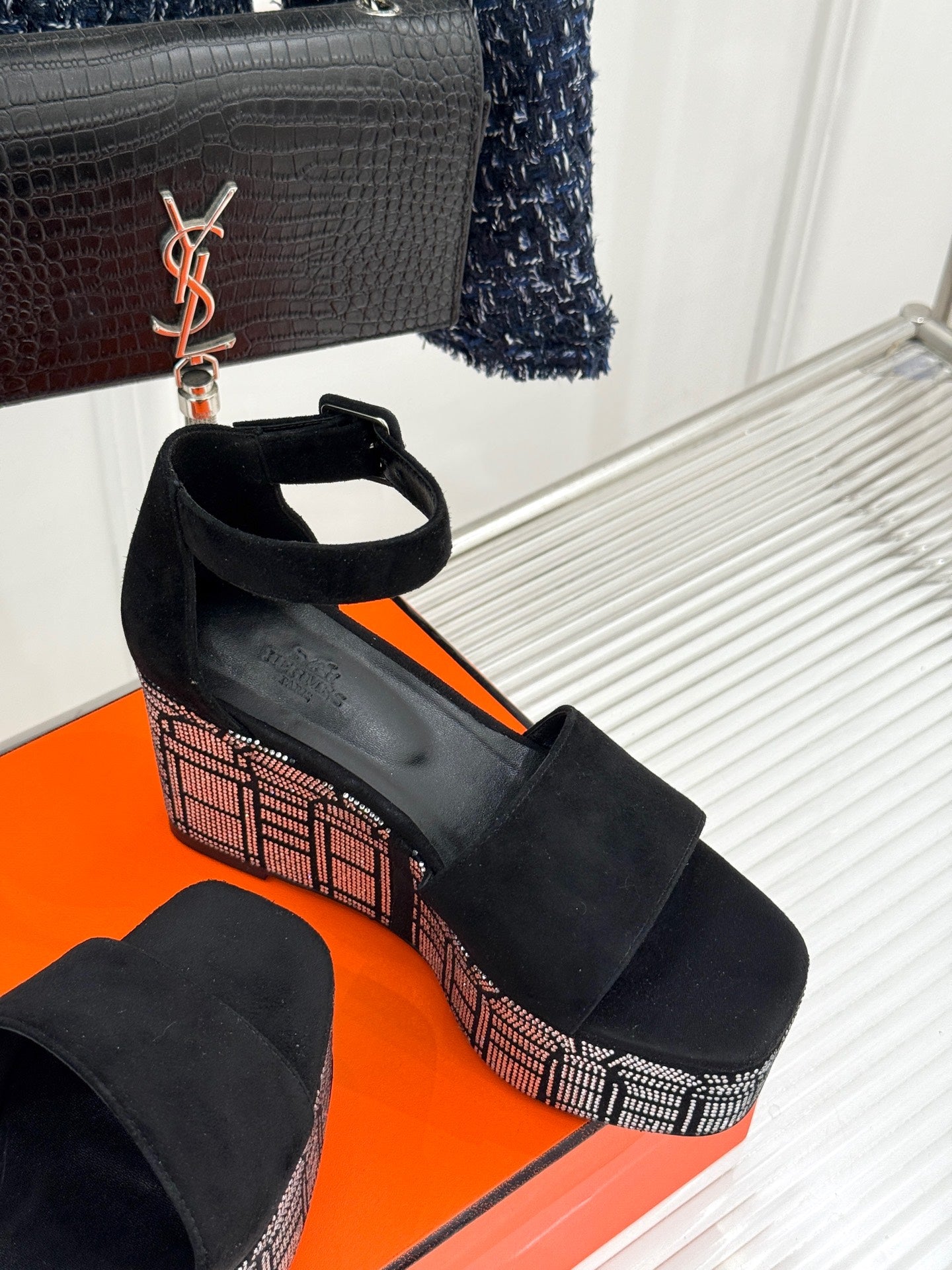 ILLUSION 35 SANDAL IN BLACK SUEDE WITH RHINESTONE DETAILS