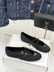 PRADA 25S DOUBLE STRAP BALLERINAS IN BLACK SATIN