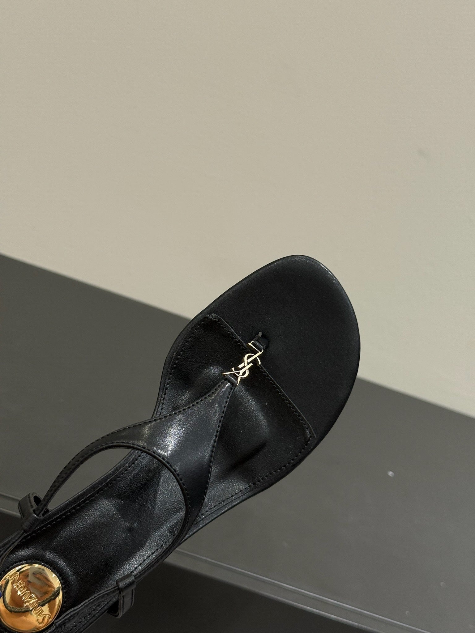 YSL WEDGE THONG SANDALS 25S IN BLACK LAMBSKIN WITH GOLD HARDWARE