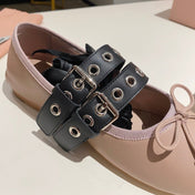 BALLET FLAT SHOES PINK NUDE LAMBSKIN WITH UNIQUE BLACK STRAPS