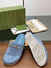 GG HORSEBIT MULE IN LIGHT BLUE EMBOSSED SUEDE AND SHEEPSKIN LINING