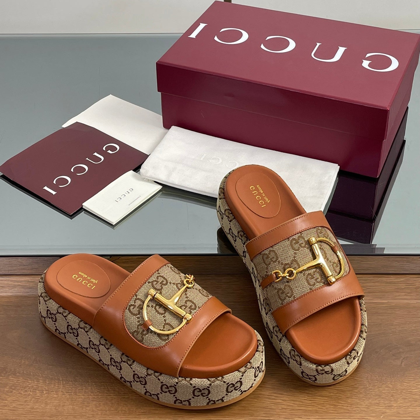 HIGH 5.5 CM WEDGE SANDALS IN BURNT BROWN MIX BEIGE CALFSKIN AND FABRIC