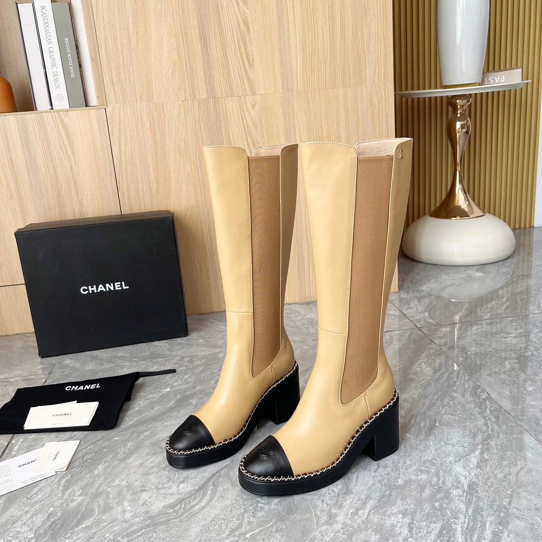 CHANEL 25S HIGH BOOTS STRETCHY SHAFT 85MM IN LIGHT BROWN CALFSKIN GOLD HARDWARE