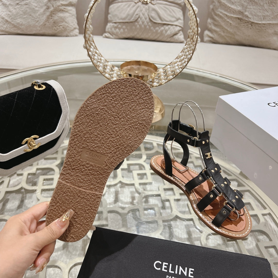 CLEA TRIOMPHE GLADIATOR SANDAL IN BLACK CALFSKIN - VEGETAL TANNING