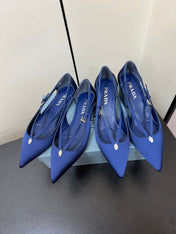 CUT-OUT PUMPS WITH BEAD BUCKLE IN NAVY BLUE SATIN
