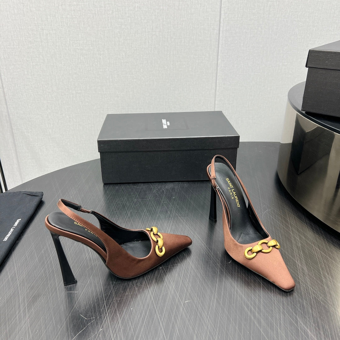 GOLD CHAIN ATTACHED HIGH SLINGBACK IN TOFFEE BROWN SILK