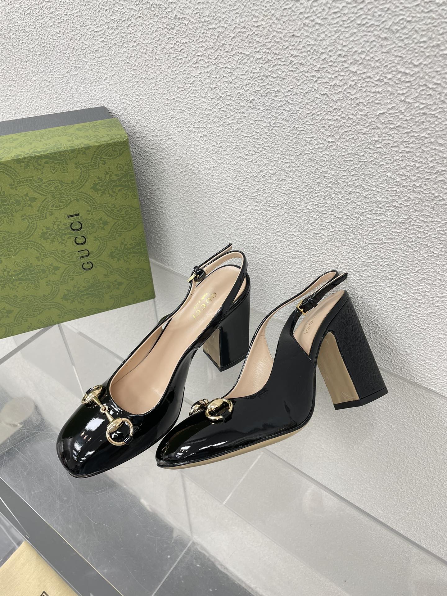 GG WOMEN'S HORSEBIT SLINGBACK 95MM IN BLACK CALFSKIN