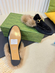 HORSEBIT MULE IN BLACK MONOGRAM VELVET AND LAMB WOOL LINING