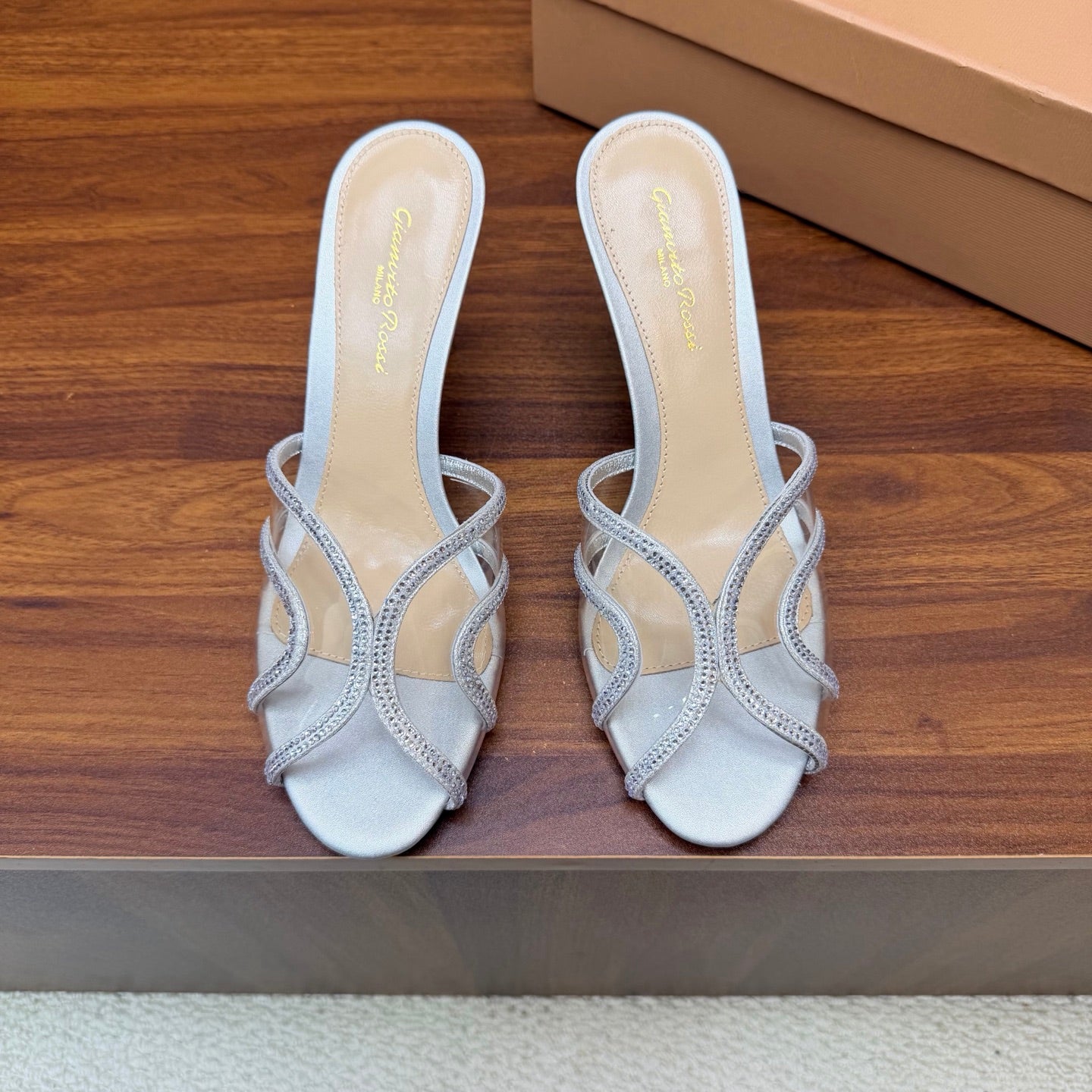 GIANVITO ROSSI 26S HIGH-HEEL SANDALS 85 MM IN SILVER PVC AND RHINESTONES