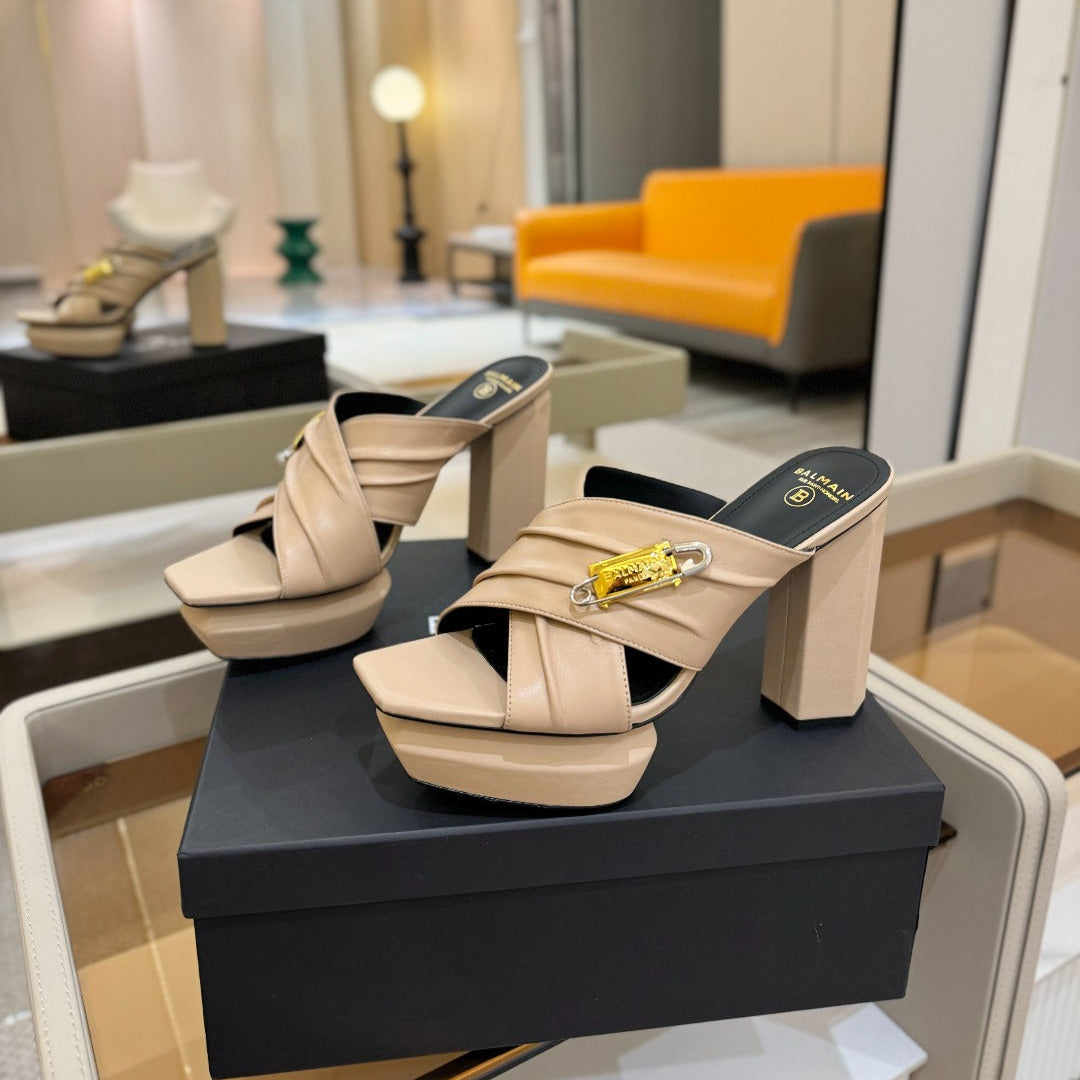 BALMAIN 25S WEDGE HEEL SANDALS 100MM IN NUDE CALFSKIN