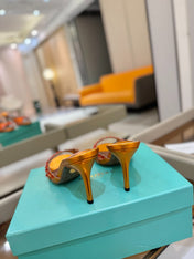 AQUAZZURA 26S TEQUILA HEELED SANDALS 85 MM IN METALLIC ORANGE LAMBSKIN
