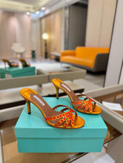 AQUAZZURA 26S TEQUILA HEELED SANDALS 85 MM IN METALLIC ORANGE LAMBSKIN
