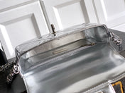 CHANEL 26S TOP HANDLE BAG 18 IN METALLIC SILVER QUILTED PATENT LEATHER