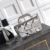 CHANEL 26S TOP HANDLE BAG 18 IN METALLIC SILVER QUILTED PATENT LEATHER