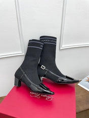 BELLE VIVIER SOCK LACQUERED BUCKLE ANKLE BOOTS IN BLACK PATENT CALFSKIN SOCK UPPER FABRIC