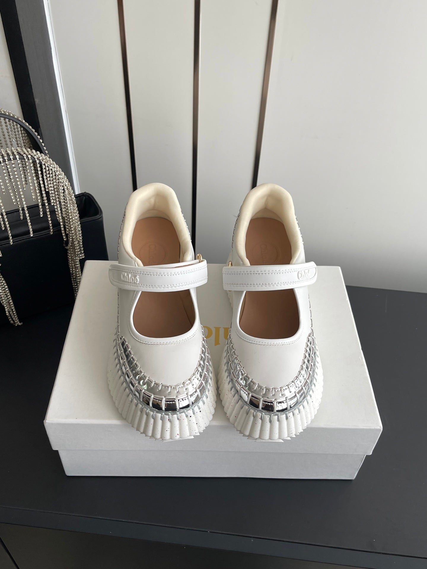 CHLOE 26S MARY JANE SNEAKERS IN WHITE AND SILVER CALFSKIN