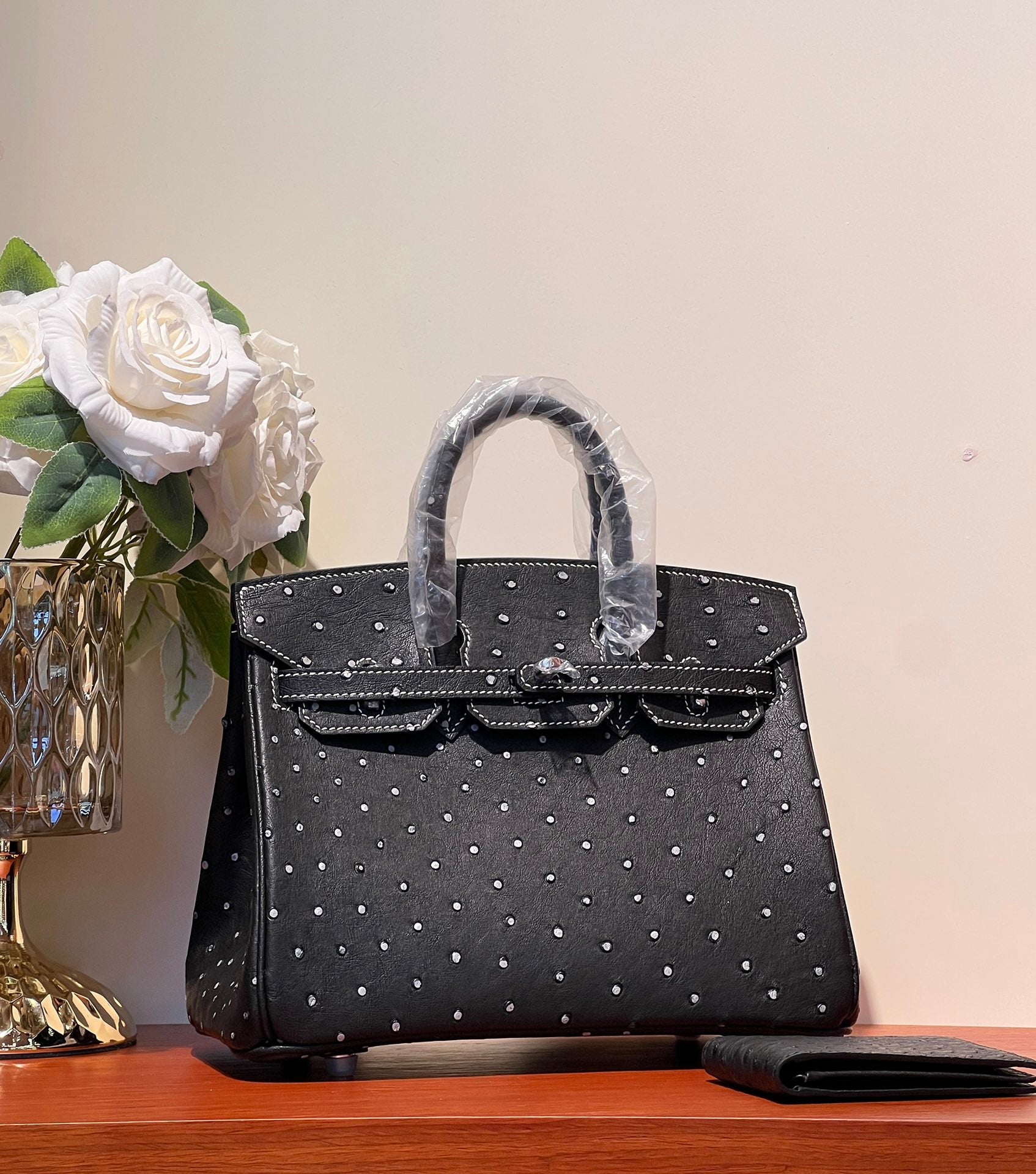 KELLY SELLIER 25 BAG IN BLACK OSTRICH LEATHER WITH WHITE RHINSTONES