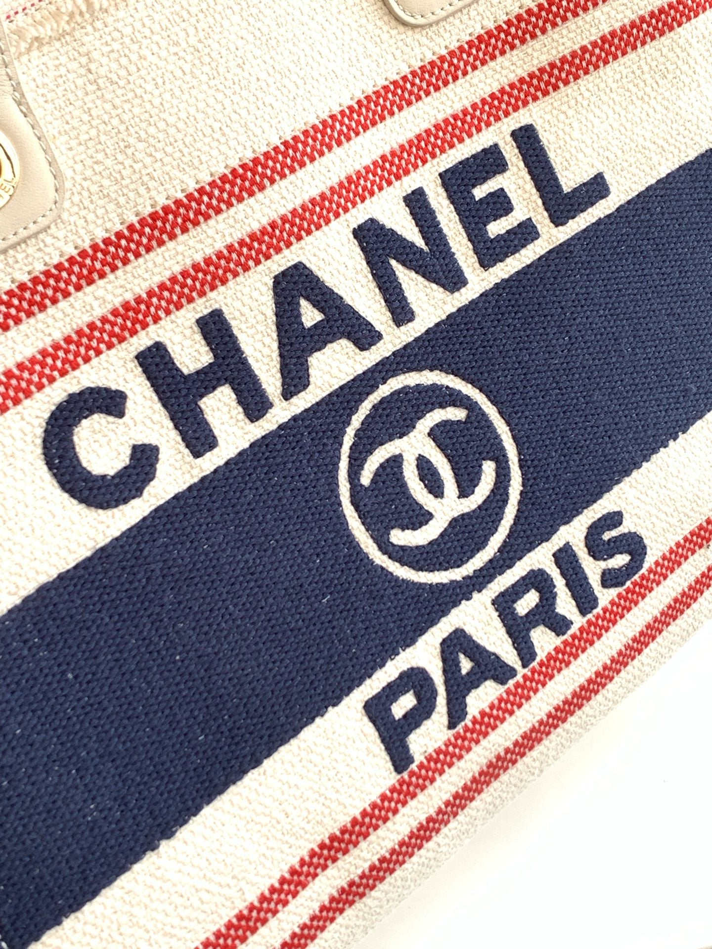 SHOPPING BAG 34 IN WHITE RED AND NAVY BLUE CANVAS