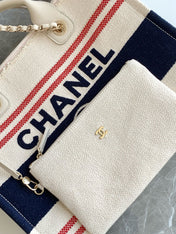 SHOPPING BAG 34 IN WHITE RED AND NAVY BLUE CANVAS