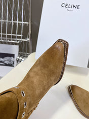 CELINE 25S BULKY LACED UP BOOTS 45MM IN BROWN SUEDE