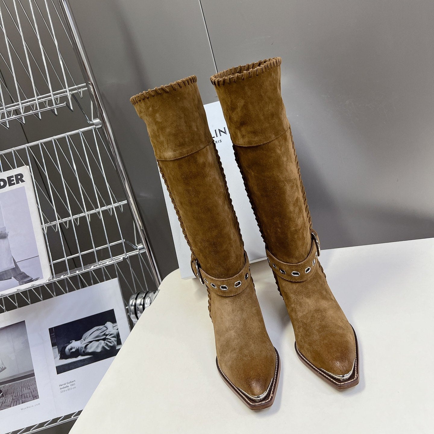 CELINE 25S BULKY LACED UP BOOTS 45MM IN BROWN SUEDE